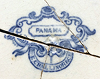 Printed underglaze refined white earthenware plate with romantic motif pattern named “Panama”. Printed manufacturer’s mark on reverse for E. Challinor & Co., Staffordshire (1854-1862). Rim diameter:  7.75”
